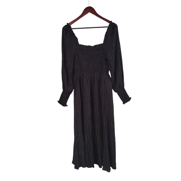Oat New York Black Gold Smocked Puff Long Sleeve Midi Dress Small NWOT - Picture 2 of 5